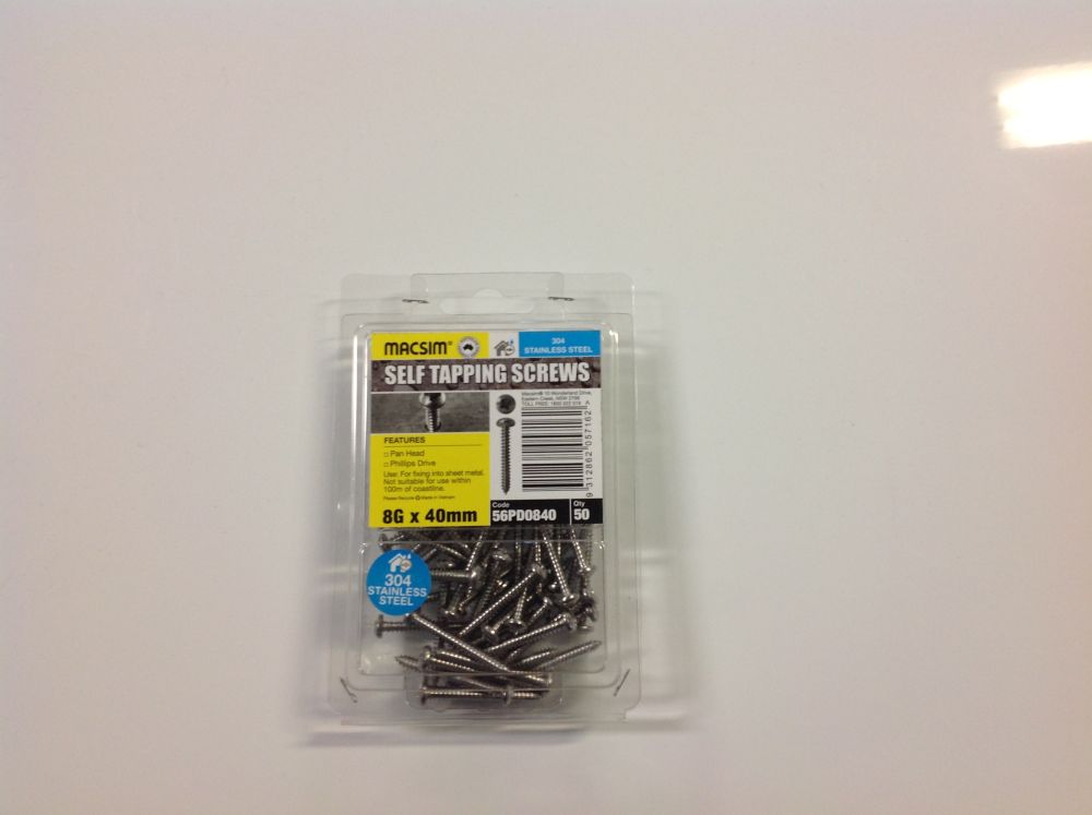 Screws 8mm x 40mm Stainless Steel Phillips Head Self Tapping