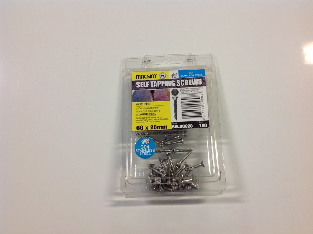 Screws 6mm x 20mm Phillips Head 304 Stainless Steel Pack 100