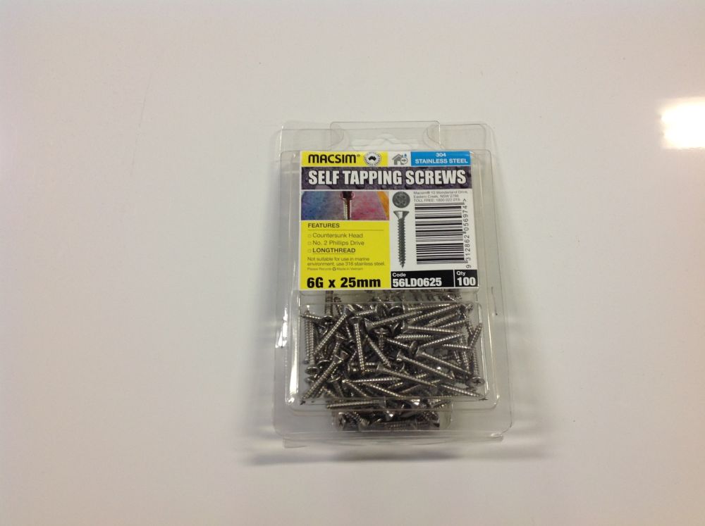 Screws 6mm x 25mm Phillips Head 304 Stainless Steel Pack 100