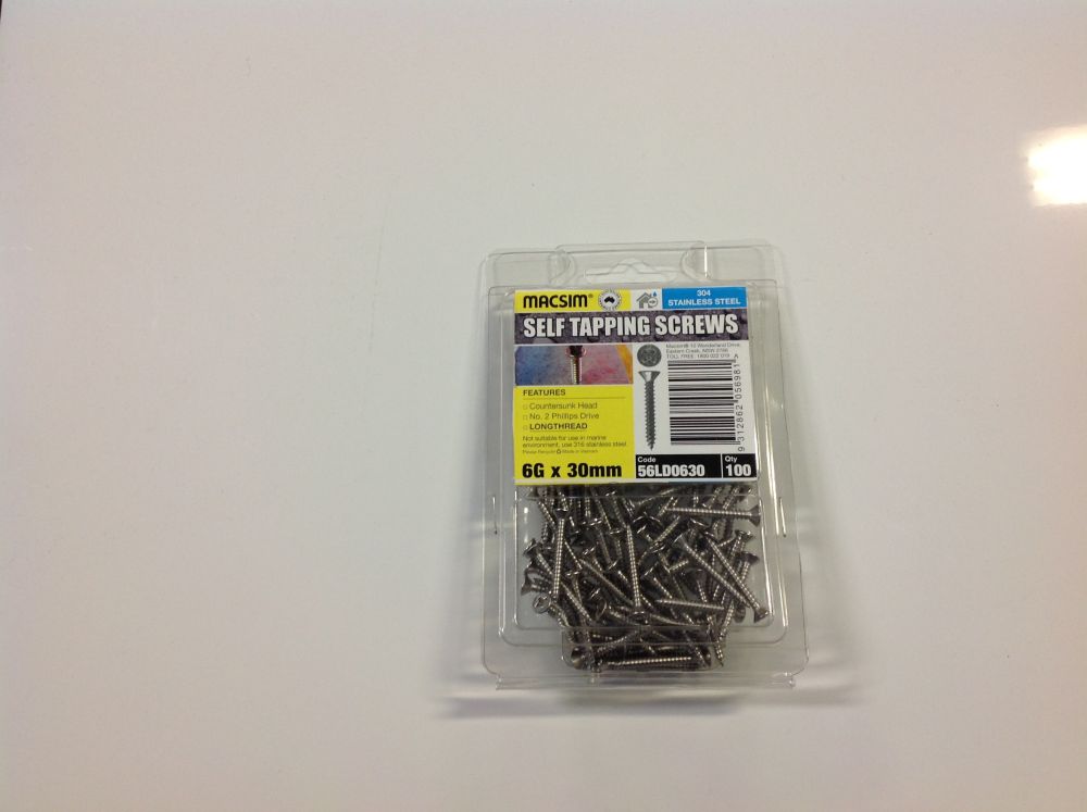Screws 6mm x 30mm Phillips Head 304 Stainless Steel PK100