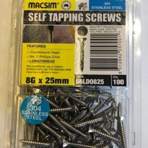 Screws 8mm x 25mm Phillips Head 304 Stainless Steel PK100