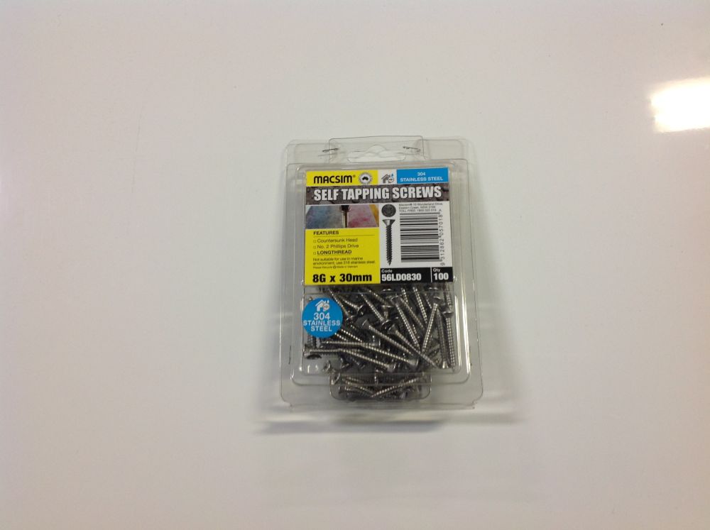 Screws 8 x 30 Phillips Head 304 Stainless Steel PK100