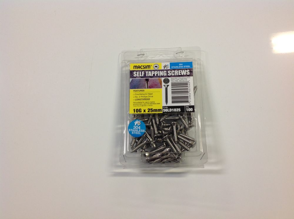 Screws10mm x 25mm Phillips Head 304 Stainless Steel PK100