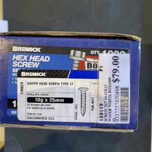SCREW T17 10-12 X 25MM WAFER HEAD WHITE BOX 1000